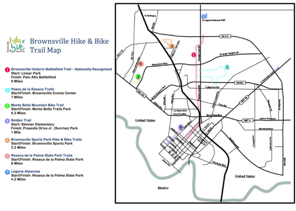 A map of the bike trails in Brownsville laid over a map of the important streets in the city 